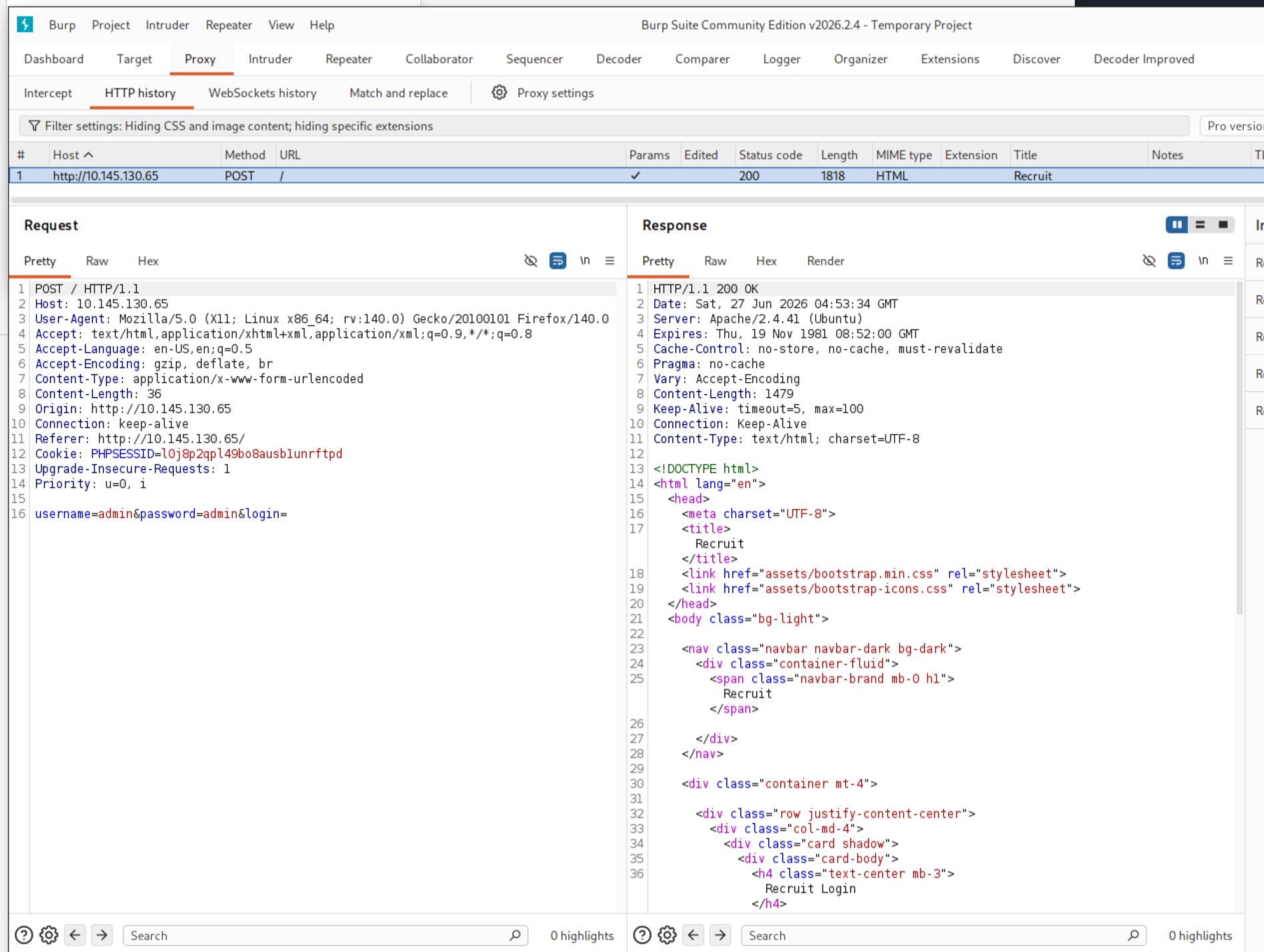Burp Suite intercept of login form request